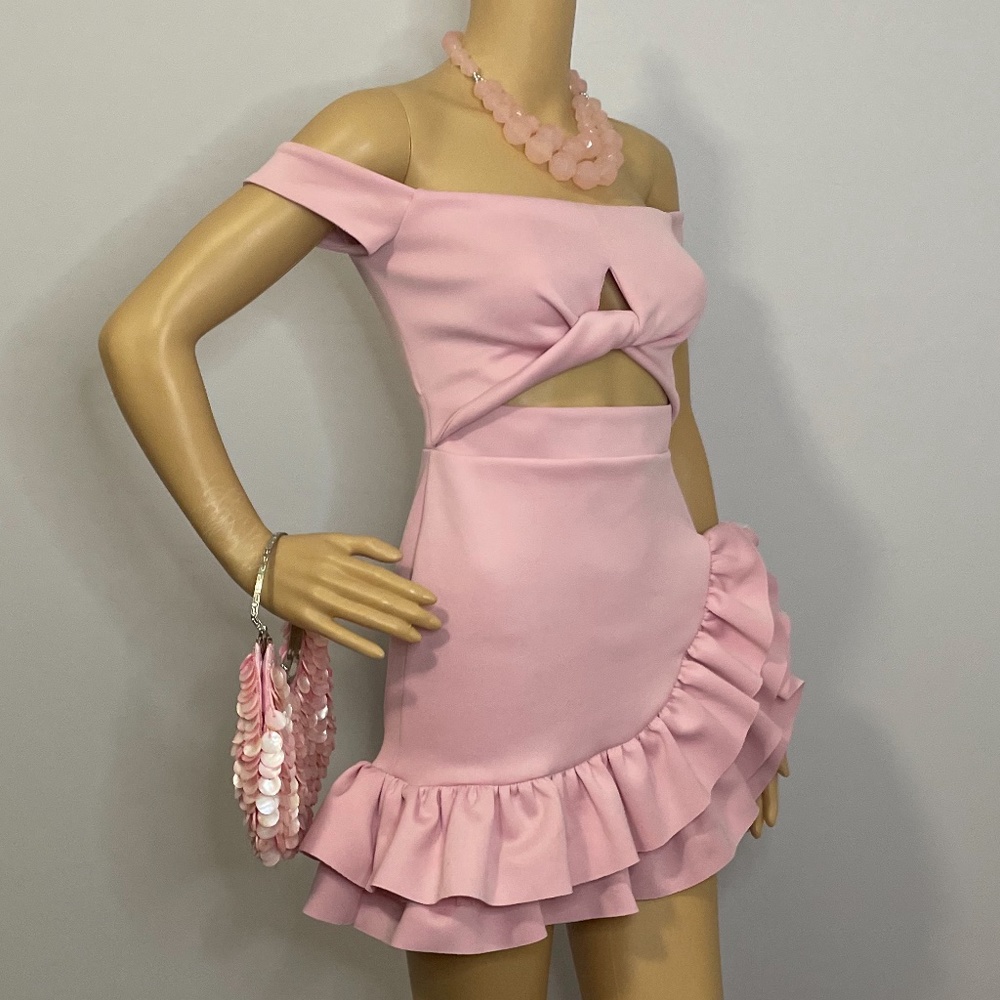 Baby pink off shoulder cutout twist fit flare mini dress w big ruffles and tulle - Picture 2 of 11